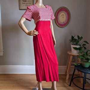 NWT Vintage 90s Betsy Lauren Gingham Dress Midi Button Slit Cottagecore Floral 7